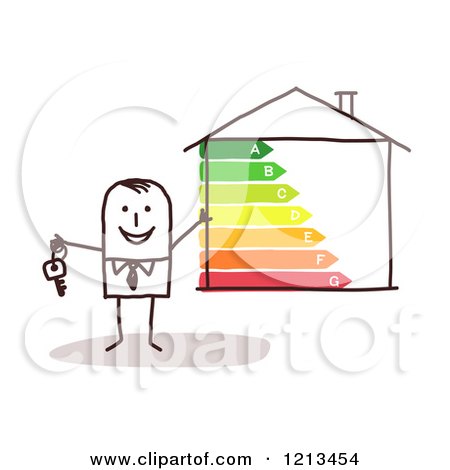 Clipart of a Happy Stick People Man Holding a Key by an Energy Efficient Home - Royalty Free Vector Illustration by NL shop