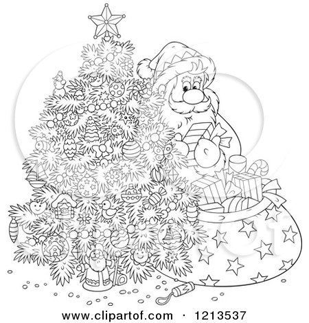 Cartoon of an Outlined Santa Taking Gifts from His Sack and Putting Them Under a Christmas Tree - Royalty Free Vector Clipart by Alex Bannykh