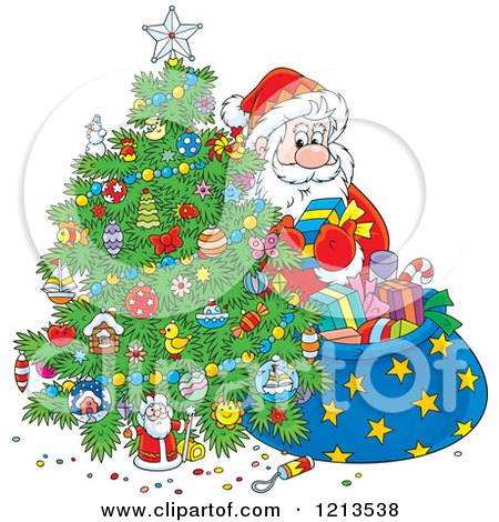 Cartoon of Santa Taking Gifts from His Sack and Putting Them Under a Christmas Tree - Royalty Free Vector Clipart by Alex Bannykh