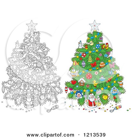 Cartoon of an Outlined and Colored Christmas Tree with Various Ornaments - Royalty Free Vector Clipart by Alex Bannykh