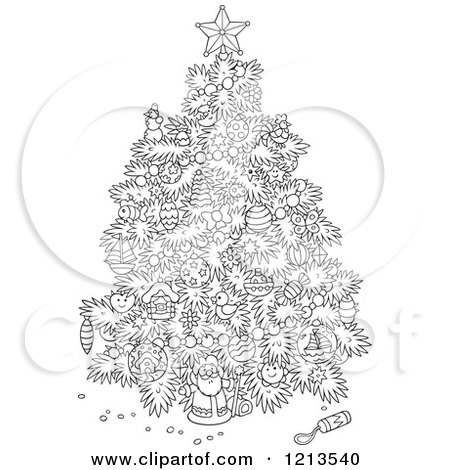 Cartoon of an Outlined Christmas Tree with Various Ornaments - Royalty Free Vector Clipart by Alex Bannykh