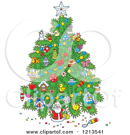 Cartoon of a Christmas Tree with Various Ornaments - Royalty Free Vector Clipart by Alex Bannykh
