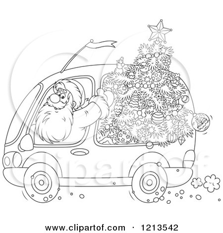 Cartoon of an Outlined Santa Waving and Driving a Car with a Christmas Tree Inside - Royalty Free Vector Clipart by Alex Bannykh