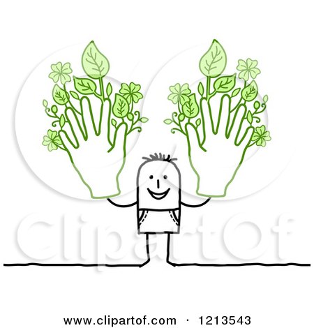 Clipart of a Stick People Man Holding up Two Hands with Leafy Fingers - Royalty Free Vector Illustration by NL shop