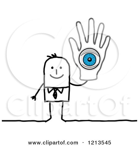 Clipart of a Stick People Business Man Holding up a Hand with a Blue Eye - Royalty Free Vector Illustration by NL shop