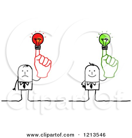 Clipart of Stick People Business Men Holding up Red and Green Lightbulb Fingers - Royalty Free Vector Illustration by NL shop