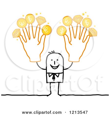 Clipart of a Stick People Business Man Holding up Rich Fingers with Gold Coins and Diamonds - Royalty Free Vector Illustration by NL shop
