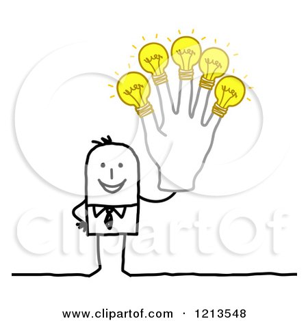 Clipart of a Stick People Business Man Holding up a Bright Light Bulb Hand - Royalty Free Vector Illustration by NL shop