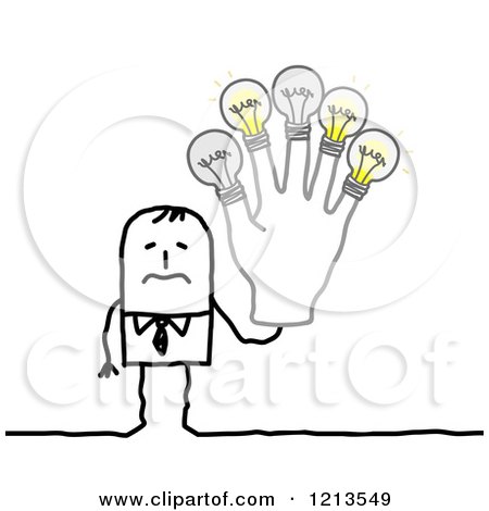 Clipart of a Stick People Business Man Trembling and Holding Burning out Lightbulb Fingers - Royalty Free Vector Illustration by NL shop