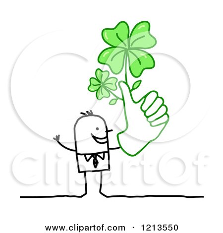 Clipart of a Stick People Business Man Holding a Thumb up with Lucky Shamrocks - Royalty Free Vector Illustration by NL shop