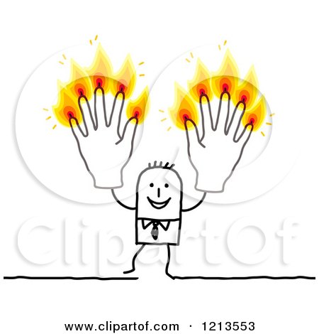 Clipart of a Stick People Business Man Holding up Burning Finger Candle Hands - Royalty Free Vector Illustration by NL shop