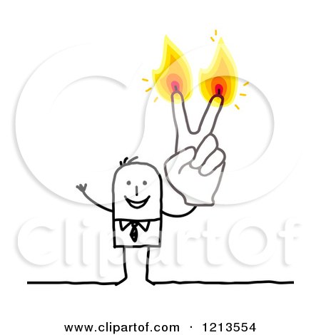 Clipart of a Stick People Business Man Holding up Two Burning Finger Candles - Royalty Free Vector Illustration by NL shop