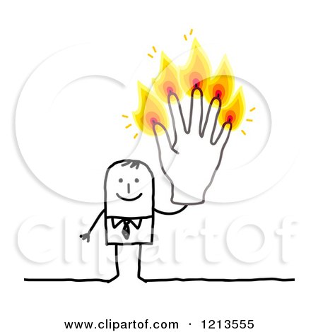 Clipart of a Stick People Business Man Holding up Five Burning Finger Candles - Royalty Free Vector Illustration by NL shop