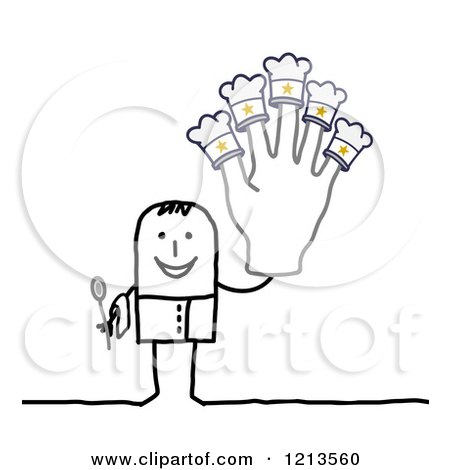 Clipart of a Stick People Man Chef Holding up a Five Star Hat Hand - Royalty Free Vector Illustration by NL shop