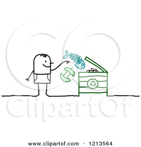 Clipart of a Stick People Man Tossing Food into a Compost Bin - Royalty Free Vector Illustration by NL shop