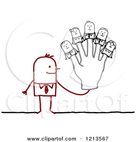 Clipart of a Stick Business Man Wearing Finger Puppet People on His Hand - Royalty Free Vector Illustration by NL shop