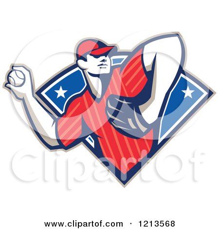 Clipart of a Retro Baseball Player Pitching over a Blue Starry Design - Royalty Free Vector Illustration by patrimonio