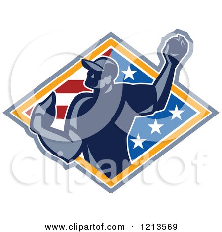 Clipart of a Retro Baseball Player Pitching over an American Flag Diamond - Royalty Free Vector Illustration by patrimonio
