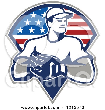 Clipart of a Retro Baseball Player Pitcher over an American Flag Design - Royalty Free Vector Illustration by patrimonio