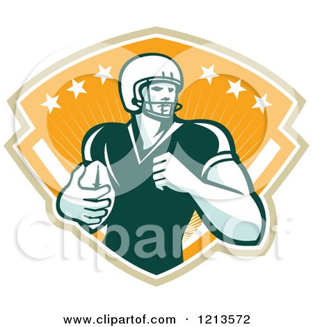 Clipart of a Retro American Football Player Runningback with a Ball over a Shield of Rays and Stars - Royalty Free Vector Illustration by patrimonio