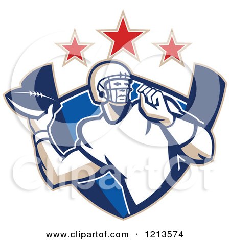 Clipart of an American Football Player Gridiron Quarterback Throwing a Ball over a Shield Under Stars - Royalty Free Vector Illustration by patrimonio