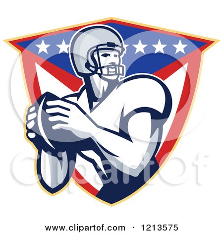 Clipart of an American Football Quarterback Throwing a Ball over a Shield with Stars and Stripes - Royalty Free Vector Illustration by patrimonio