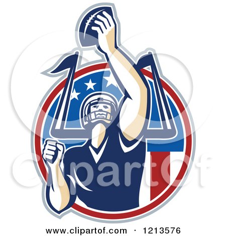 Clipart of an American Football Player Quarterback Holding up a Ball over a Goal Post and American Flag Circle - Royalty Free Vector Illustration by patrimonio
