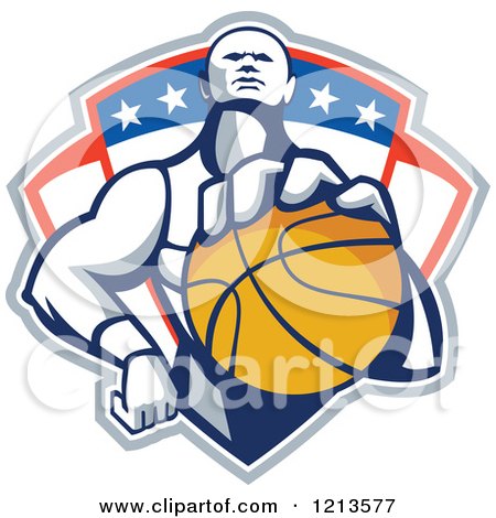 Clipart of a Retro Basketball Player Holding a Ball over a Patriotic Shield - Royalty Free Vector Illustration by patrimonio