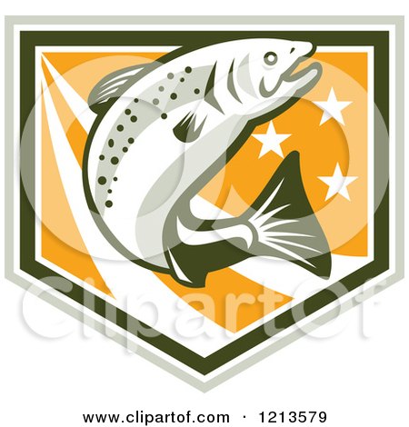 Clipart of a Retro Leaping Trout Fish over a Shield with Stars and Stripes on Orange - Royalty Free Vector Illustration by patrimonio