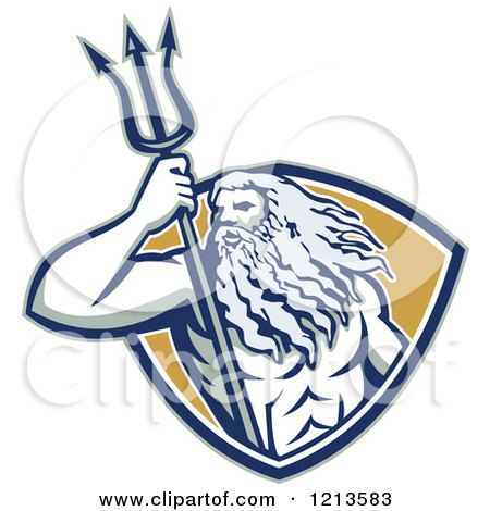 Clipart of a Retro Neptune or Poseidon with a Trident in a Shield - Royalty Free Vector Illustration by patrimonio