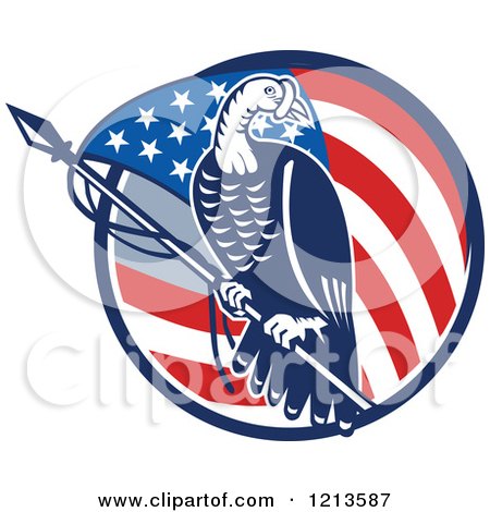 Clipart of a Retro Turkey Bird on a Pole over an American Flag Circle - Royalty Free Vector Illustration by patrimonio