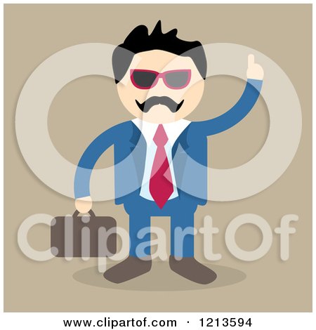 Clipart of a Businessman Wearing a Blue Suit and Glasses and Pointing Up, on Tan - Royalty Free Vector Illustration by Arena Creative