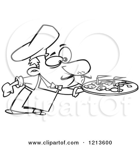 Cartoon of a Black and White Chef Blowing out the Candles on a Pizza Pie - Royalty Free Vector Clipart by toonaday