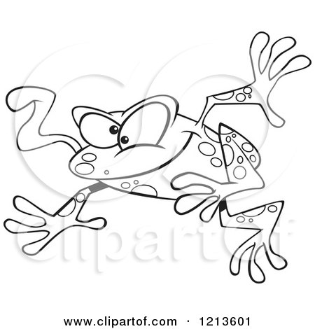 Cartoon of a Black and White Leaping Frog with His Tongue Hanging out - Royalty Free Vector Clipart by toonaday