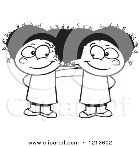 Cartoon of a Black and White Two Cute Happy Black Girls Standing Together - Royalty Free Vector Clipart by toonaday