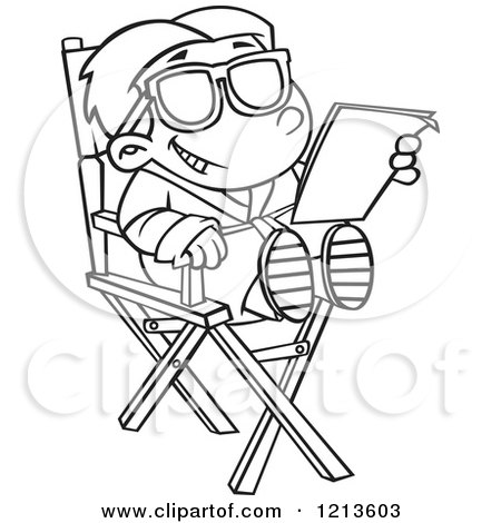Cartoon of a Black and White Child Actor Reading a Script in a Directors Chair - Royalty Free Vector Clipart by toonaday