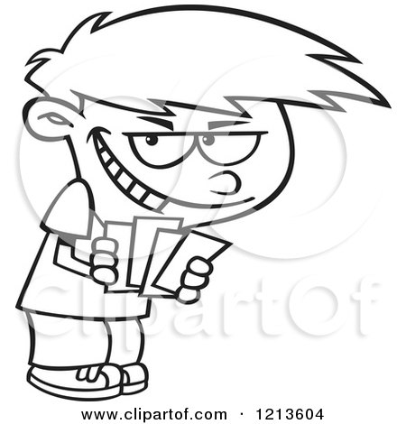 Cartoon of a Black and White Grinning Boy Playing Go Fish - Royalty Free Vector Clipart by toonaday