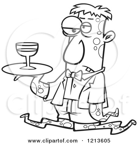 Cartoon of a Black and White Gross Tentacled Monster Waiter with Wine on a Tray - Royalty Free Vector Clipart by toonaday