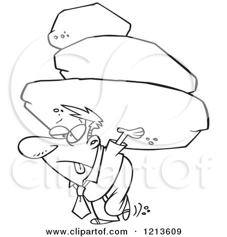 Cartoon of a Black and White Exhausted Businessman Carrying the Burden of a Heavy Boulder Load - Royalty Free Vector Clipart by toonaday