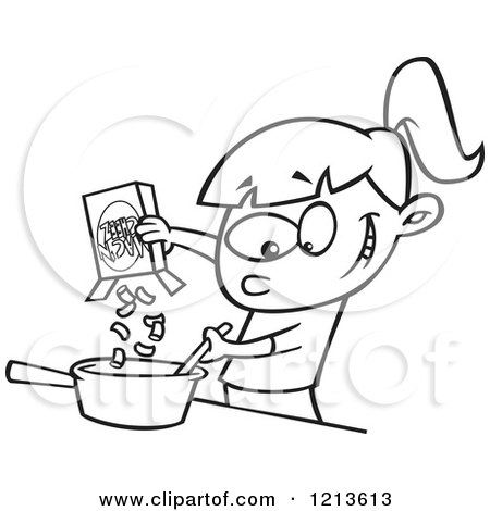 Cartoon of a Black and White Girl Making Macaroni and Cheese - Royalty Free Vector Clipart by toonaday