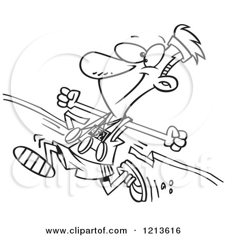 Cartoon of a Black and White Athletic Marathon Runner Breaking Through a Finish Line with Multiple Medals - Royalty Free Vector Clipart by toonaday