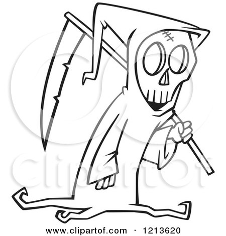 Cartoon of a Black and White Grim Reaper Carrying a Scythe over His Shoulder - Royalty Free Vector Clipart by toonaday