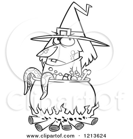Cartoon of a Black and White Witch by a Boiling Cauldron with Tentacles - Royalty Free Vector Clipart by toonaday