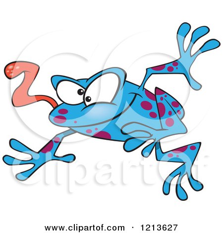 Cartoon of a Leaping Blue Frog with His Tongue Hanging out - Royalty Free Vector Clipart by toonaday
