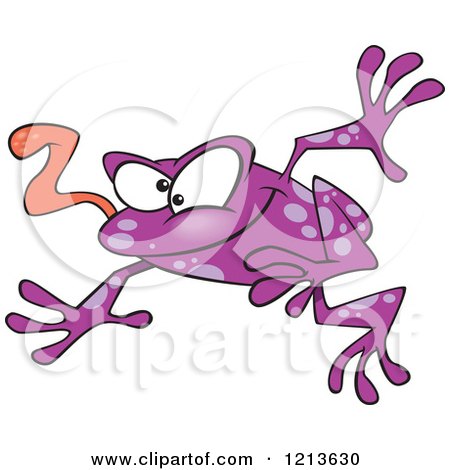 Cartoon of a Leaping Purple Frog with His Tongue Hanging out - Royalty Free Vector Clipart by toonaday