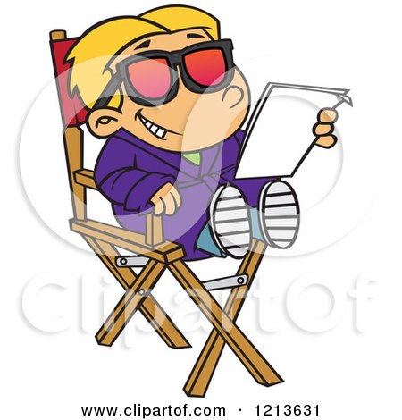Cartoon of a Caucasian Child Actor Reading a Script in a Directors Chair - Royalty Free Vector Clipart by toonaday