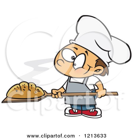 Cartoon of a Happy Caucasian Baker Boy with Fresh Bread - Royalty Free Vector Clipart by toonaday
