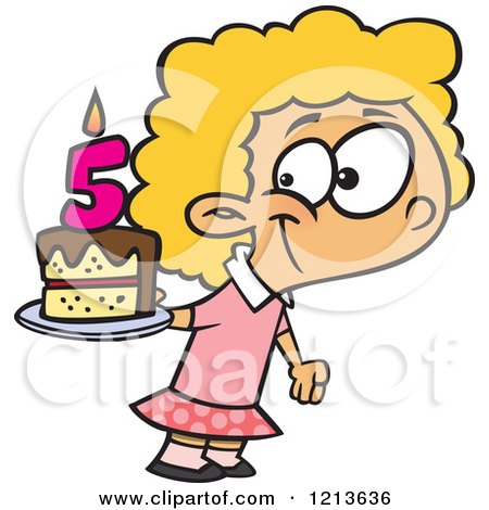 Cartoon of a Happy Caucasian Girl Holding Her Fifth Birthday Cake - Royalty Free Vector Clipart by toonaday