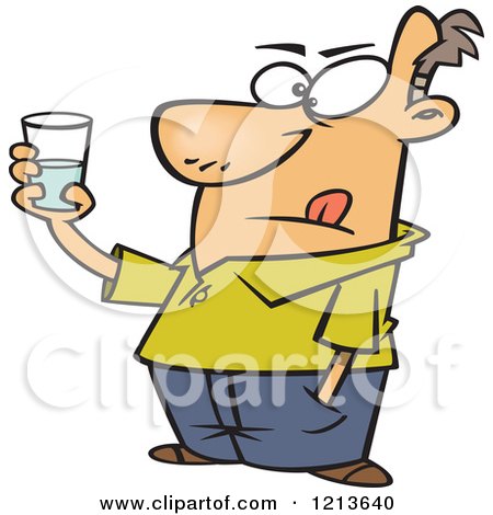 Cartoon of a Man Holding a Glass and Seeing It As Half Empty and Half Full - Royalty Free Vector Clipart by toonaday