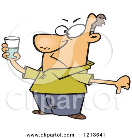 Cartoon of a Pessimistic Man Holding a Glass and Seeing It As Half Full - Royalty Free Vector Clipart by toonaday